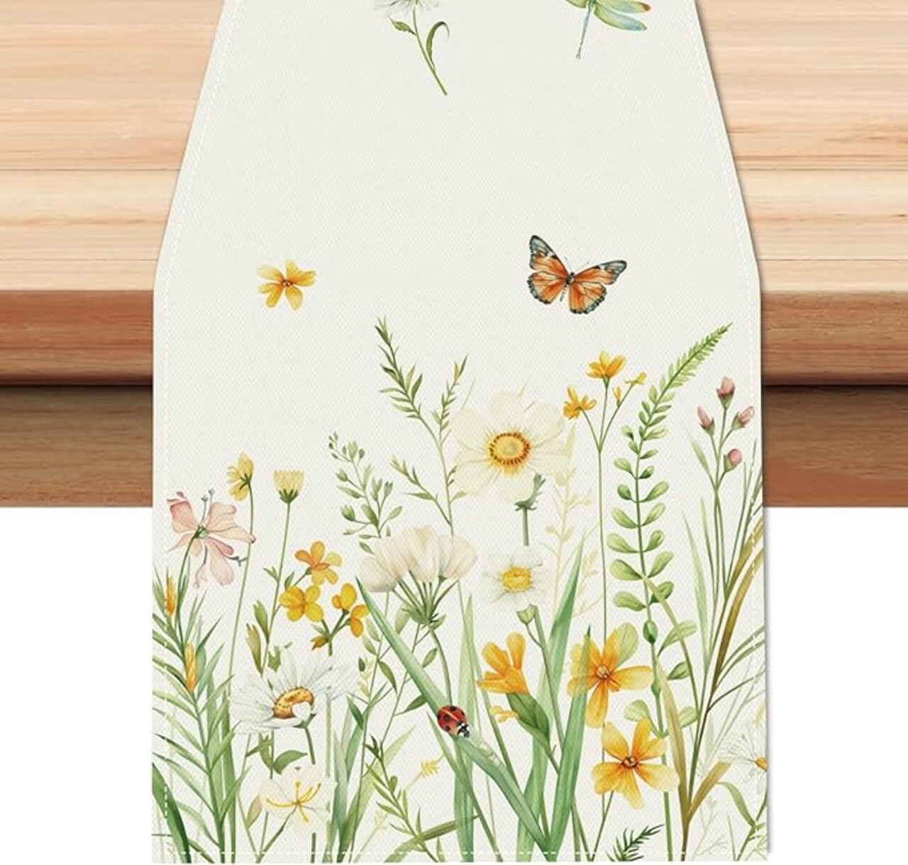 Floral Table Runner 13x72 Inch Yellow White Wildflowers Plant Butterfly Spring Summer Kitchen Dining Table Decoration for Indoor Outdoor Home Party Decor